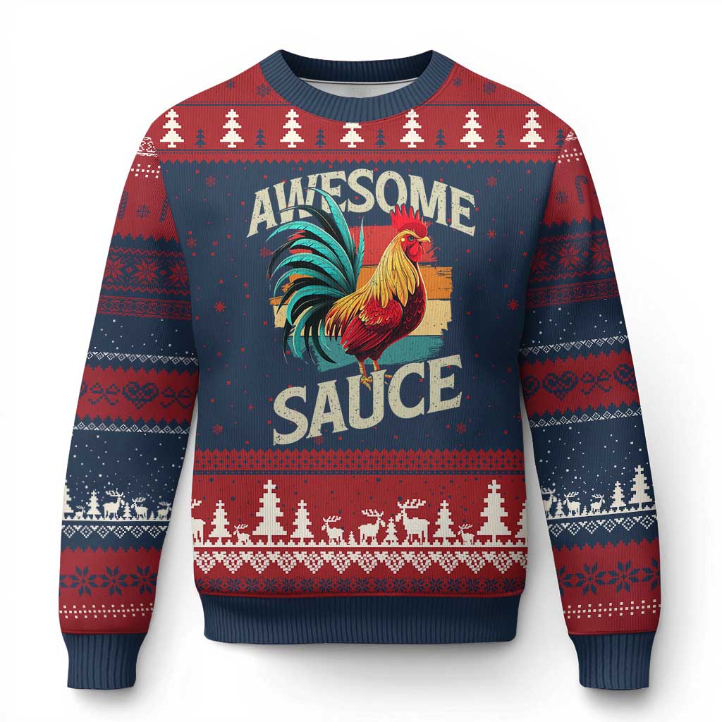 Funny Awesome Sauce Rooster Ugly Christmas Sweater Vintage Retro Chicken - Print Your Wear