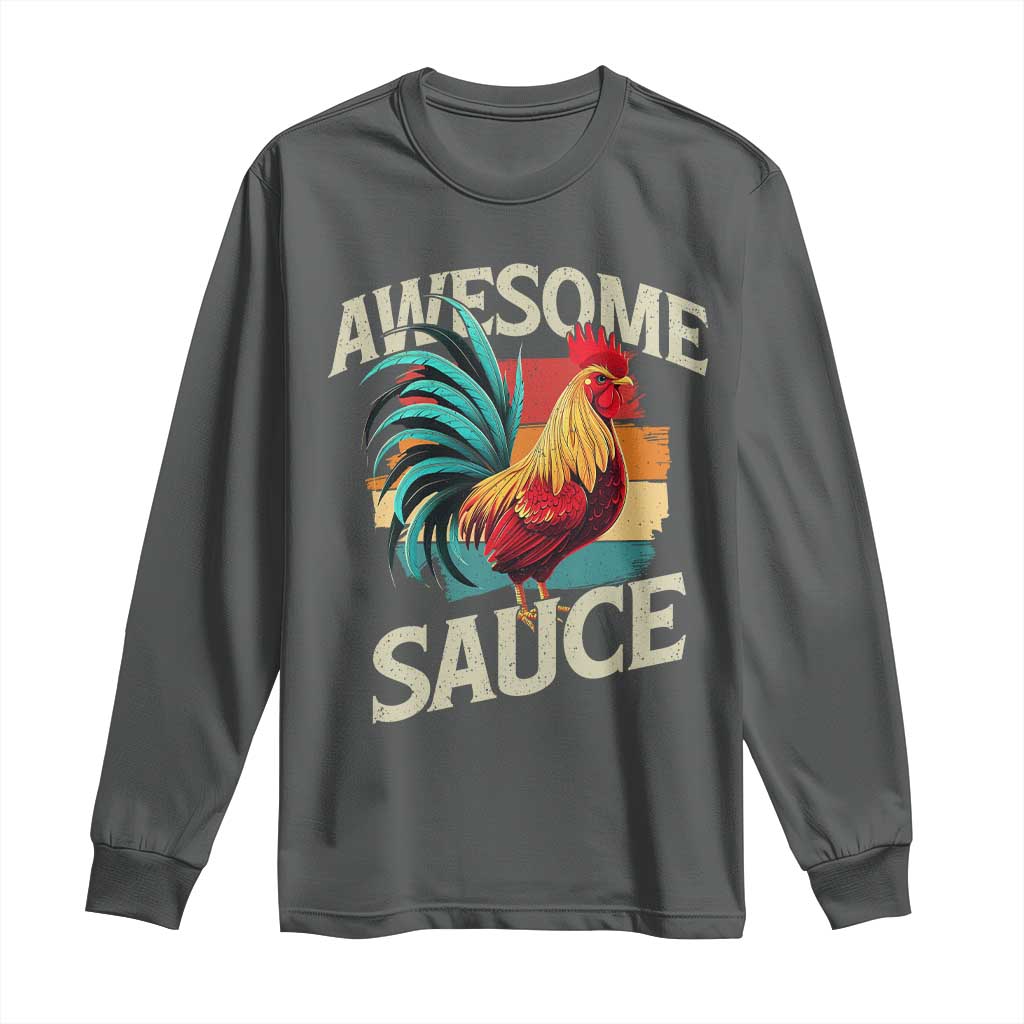 Funny Awesome Sauce Rooster Long Sleeve Shirt Vintage Retro Chicken TS11 Dark Heather Print Your Wear