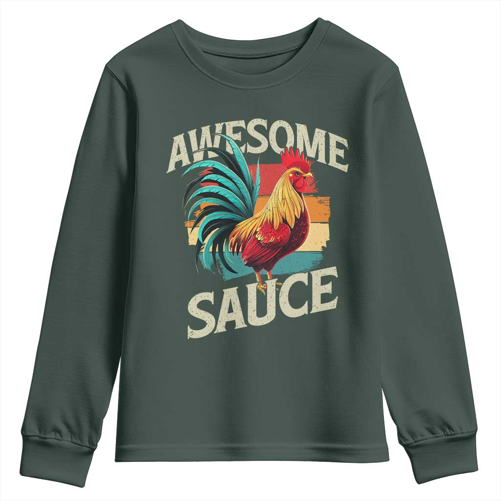 Funny Awesome Sauce Rooster Youth Sweatshirt Vintage Retro Chicken TS11 Dark Forest Green Print Your Wear