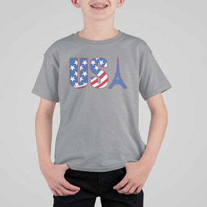 French-American Heritage Month T Shirt For Kid USA Eiffel Tower Paris Holiday Souvenir TS11 Sport Gray Print Your Wear