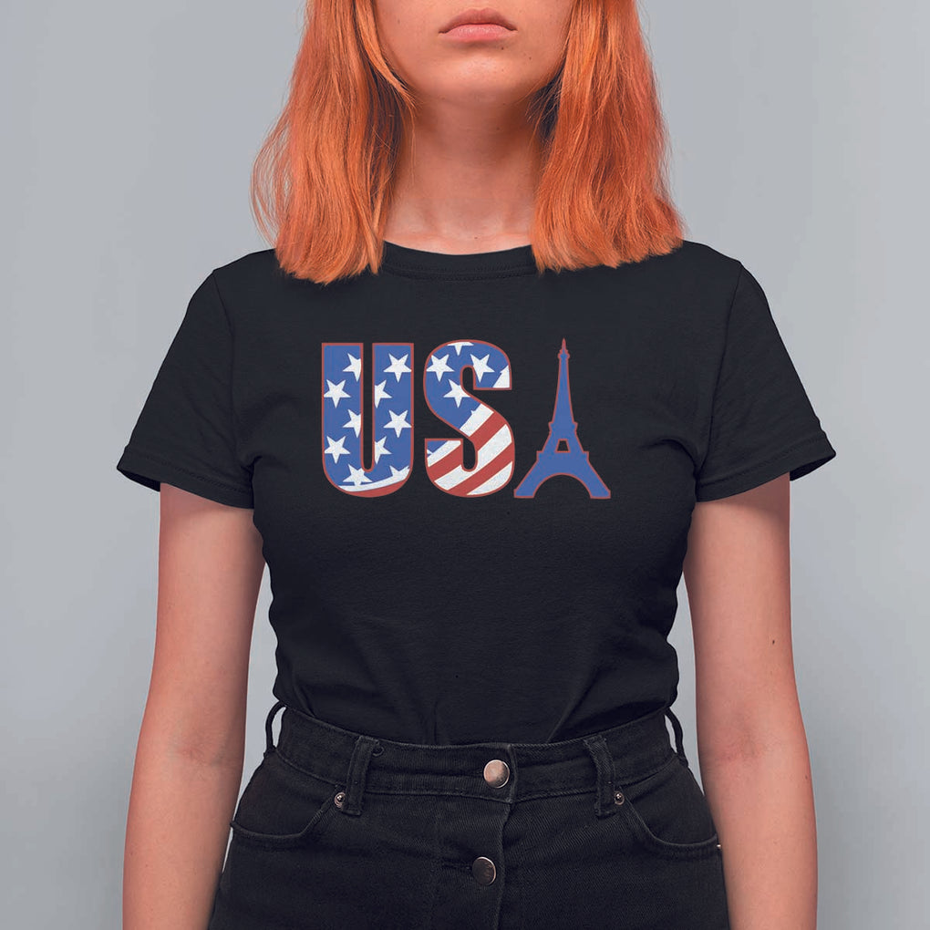 French-American Heritage Month T Shirt For Women USA Eiffel Tower Paris Holiday Souvenir TS11 Black Print Your Wear
