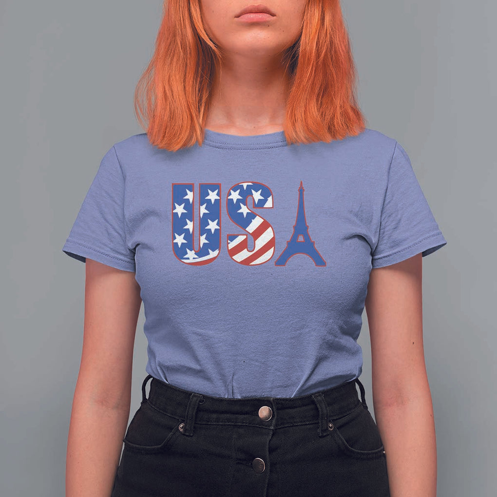 French-American Heritage Month T Shirt For Women USA Eiffel Tower Paris Holiday Souvenir TS11 Violet Print Your Wear