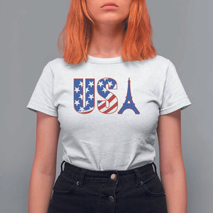 French-American Heritage Month T Shirt For Women USA Eiffel Tower Paris Holiday Souvenir TS11 White Print Your Wear