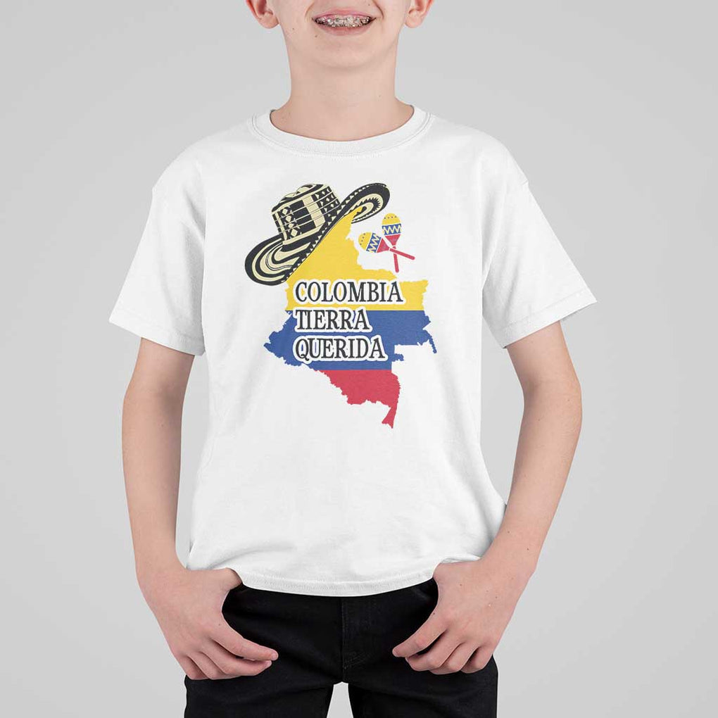 Funny Colombia Tierra Querida T Shirt For Kid Colombian Flag Sombrero Vueltiao Maracas TS11 White Print Your Wear