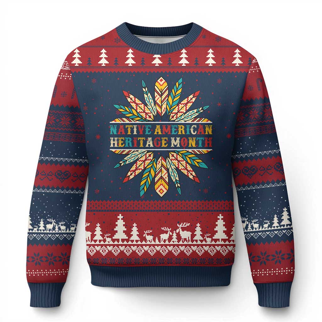 Native American Heritage Month Ugly Christmas Sweater Indigenous Pride Feathers TS11 Navy Red Print Your Wear