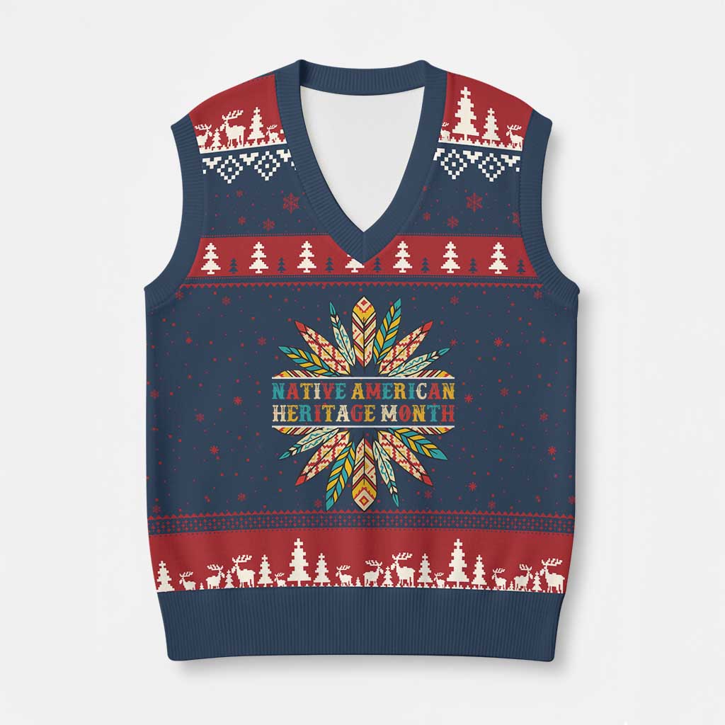 Native American Heritage Month V-Neck Knit Sweater Vest Indigenous Pride Feathers TS11 Navy Red Print Your Wear