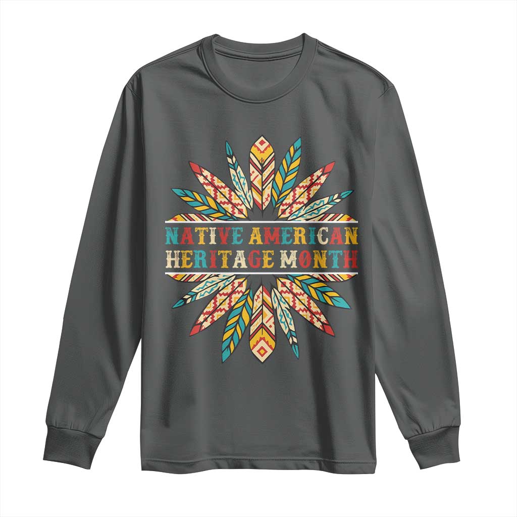 Native American Heritage Month Long Sleeve Shirt Indigenous Pride Feathers TS11 Dark Heather Print Your Wear
