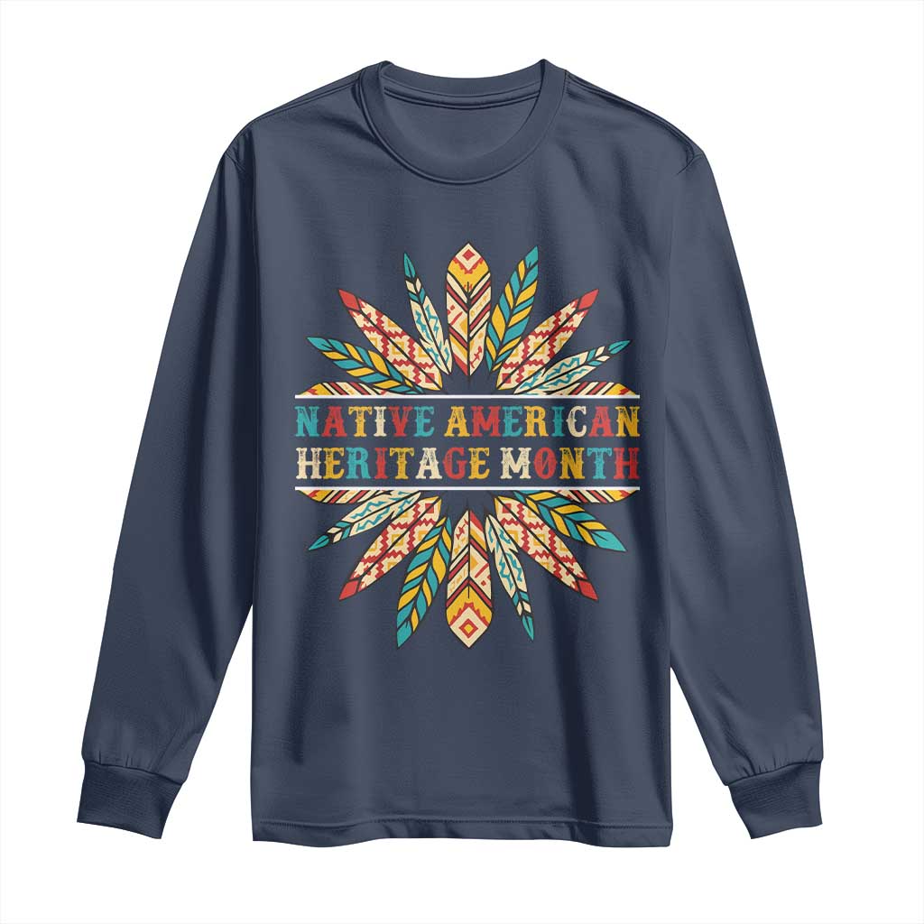 Native American Heritage Month Long Sleeve Shirt Indigenous Pride Feathers TS11 Navy Print Your Wear