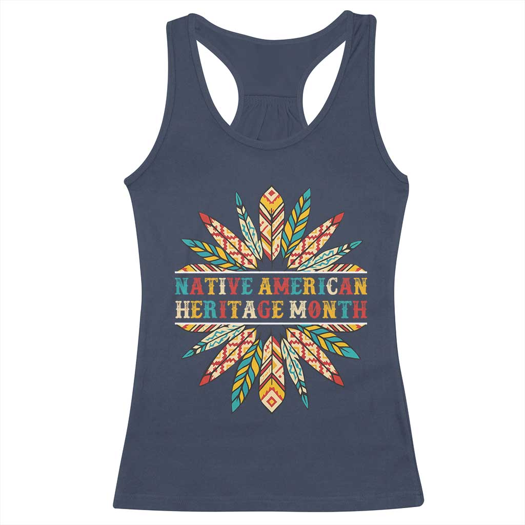 Native American Heritage Month Racerback Tank Top Indigenous Pride Feathers TS11 Navy Print Your Wear