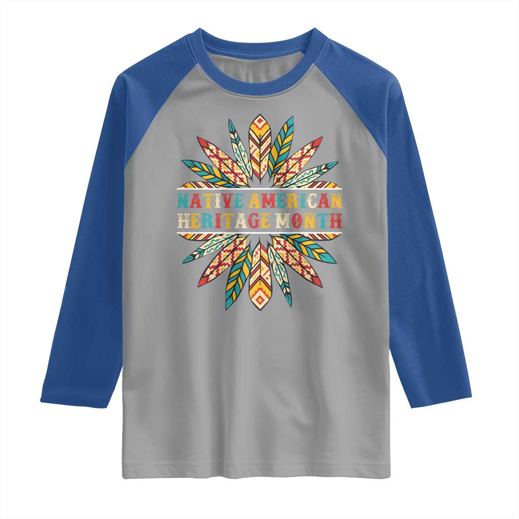 Native American Heritage Month Raglan Shirt Indigenous Pride Feathers TS11 Sport Gray Royal Print Your Wear