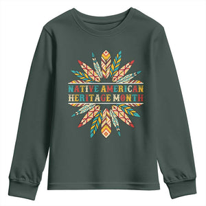 Native American Heritage Month Youth Sweatshirt Indigenous Pride Feathers TS11 Dark Forest Green Print Your Wear
