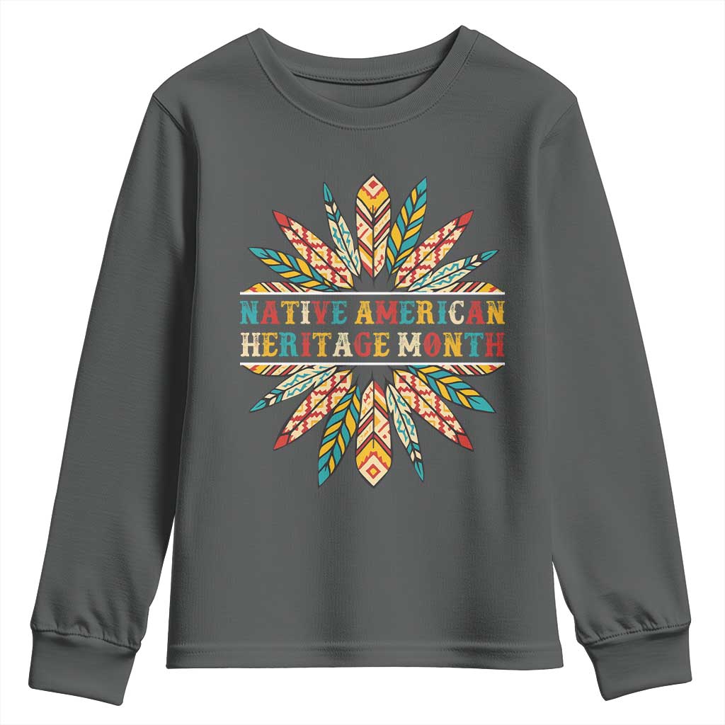 Native American Heritage Month Youth Sweatshirt Indigenous Pride Feathers TS11 Dark Heather Print Your Wear