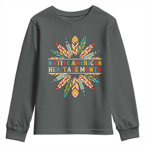 Native American Heritage Month Youth Sweatshirt Indigenous Pride Feathers TS11 Dark Heather Print Your Wear