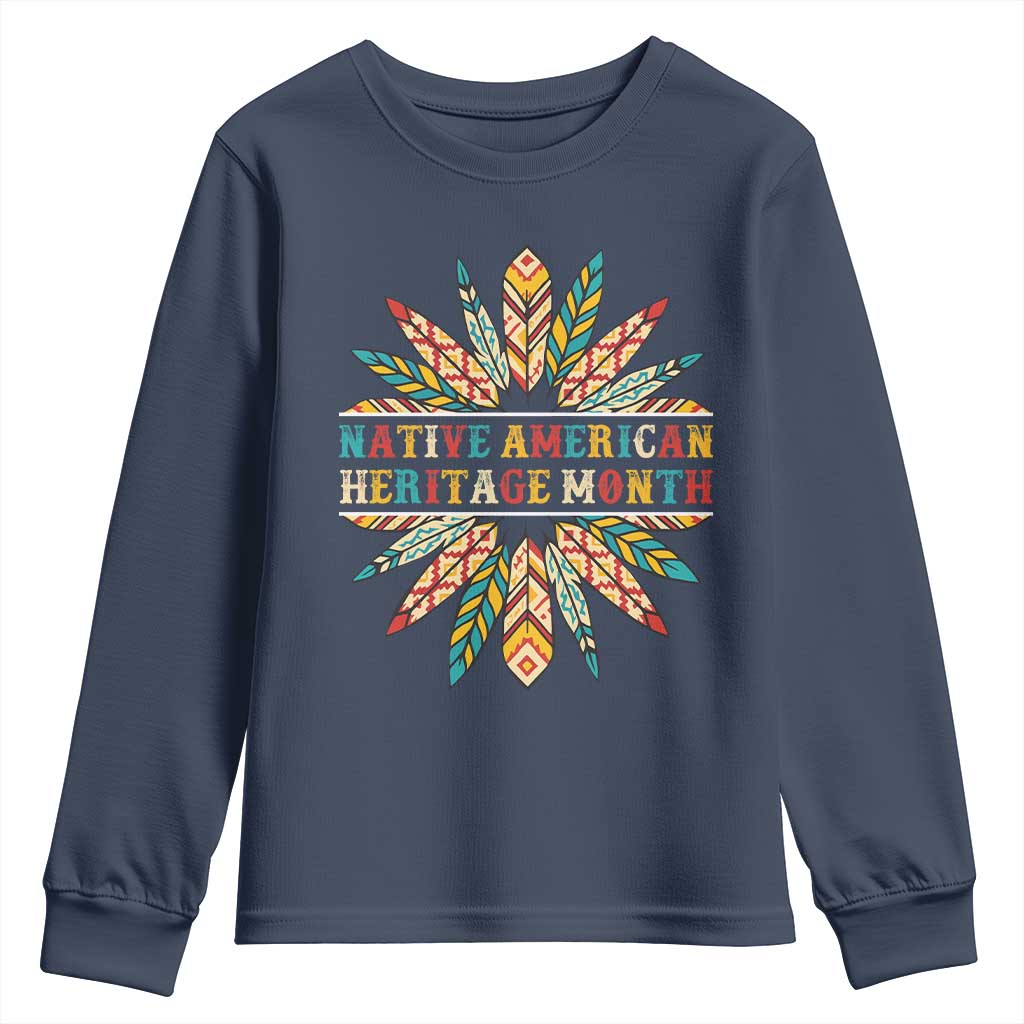 Native American Heritage Month Youth Sweatshirt Indigenous Pride Feathers TS11 Navy Print Your Wear