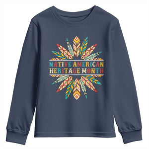 Native American Heritage Month Youth Sweatshirt Indigenous Pride Feathers TS11 Navy Print Your Wear