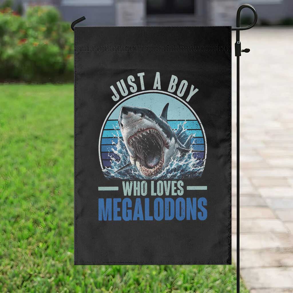 Just A Boy Who Loves Megalodons Garden Flag Megalodon Shark Lover Retro Graphic