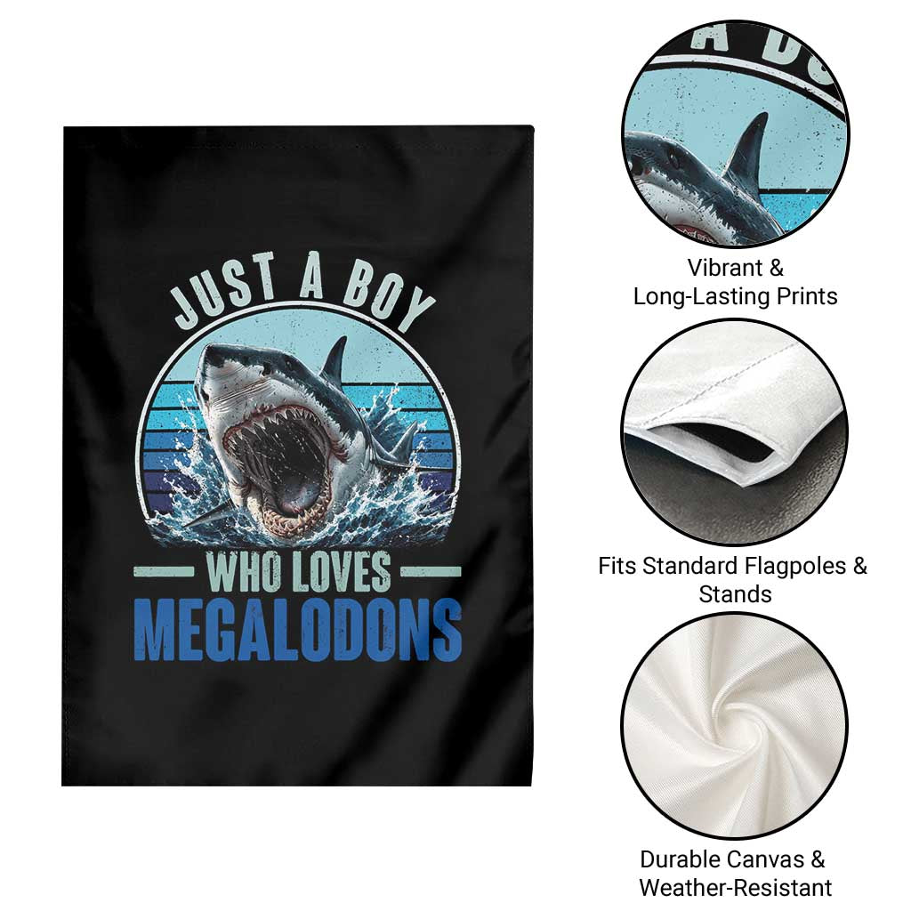 Just A Boy Who Loves Megalodons Garden Flag Megalodon Shark Lover Retro Graphic