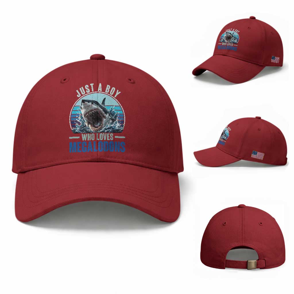 Just A Boy Who Loves Megalodons Baseball Cap Megalodon Shark Lover Retro Graphic