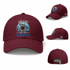 Just A Boy Who Loves Megalodons Baseball Cap Megalodon Shark Lover Retro Graphic