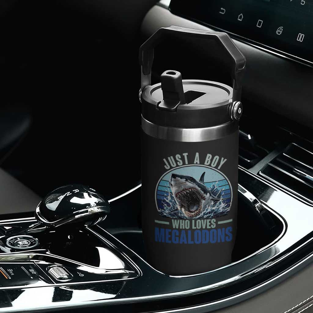Just A Boy Who Loves Megalodons Flip Straw Tumbler Megalodon Shark Lover Retro Graphic