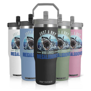 Just A Boy Who Loves Megalodons Flip Straw Tumbler Megalodon Shark Lover Retro Graphic