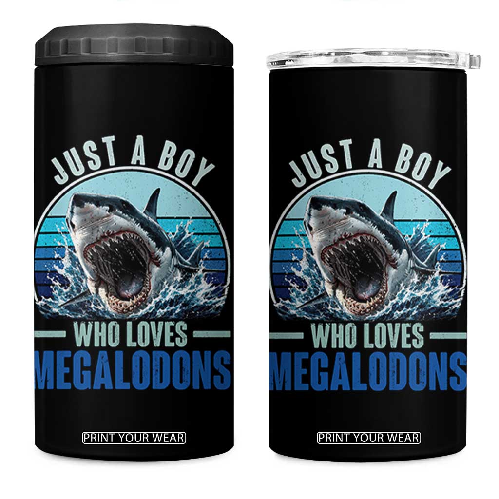 Just A Boy Who Loves Megalodons 4 in 1 Can Cooler Tumbler Megalodon Shark Lover Retro Graphic
