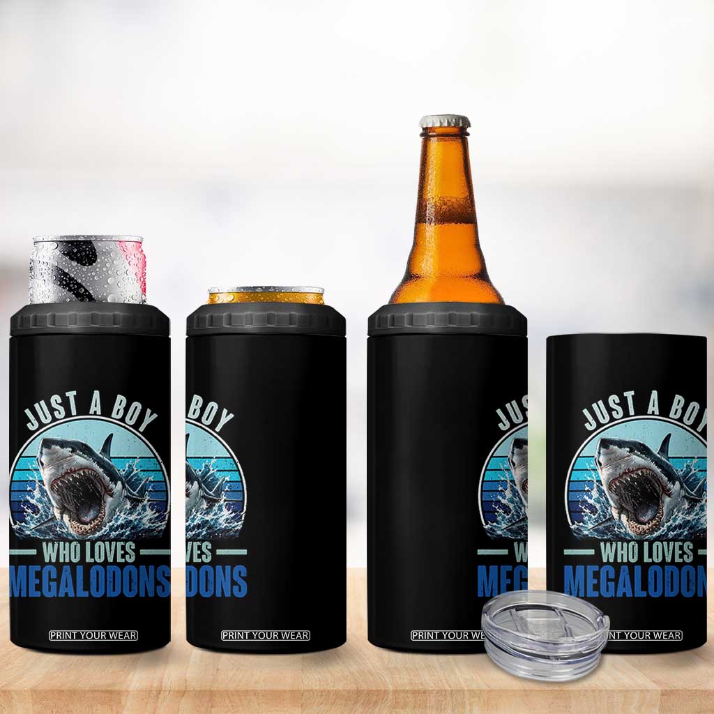 Just A Boy Who Loves Megalodons 4 in 1 Can Cooler Tumbler Megalodon Shark Lover Retro Graphic