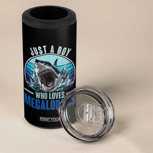 Just A Boy Who Loves Megalodons 4 in 1 Can Cooler Tumbler Megalodon Shark Lover Retro Graphic