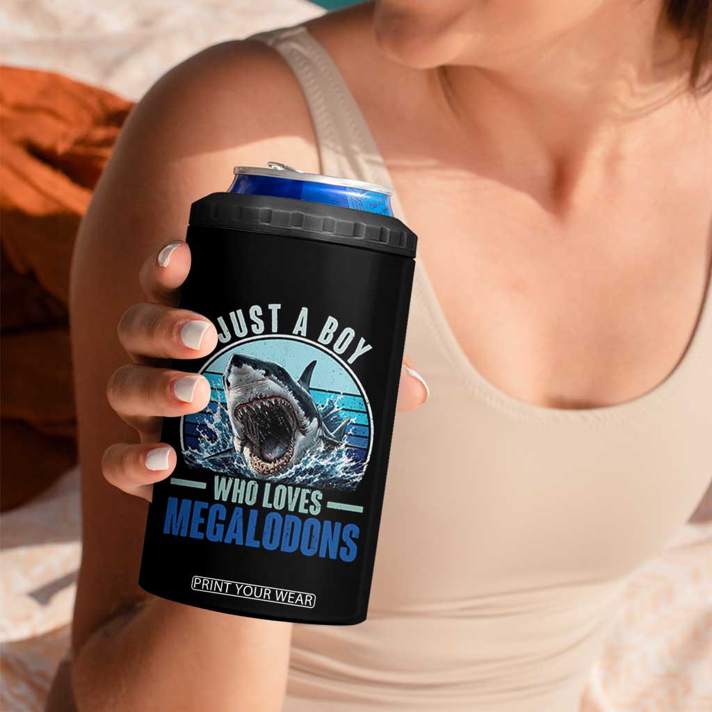 Just A Boy Who Loves Megalodons 4 in 1 Can Cooler Tumbler Megalodon Shark Lover Retro Graphic