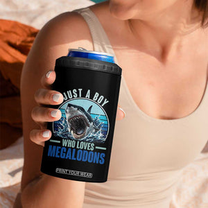 Just A Boy Who Loves Megalodons 4 in 1 Can Cooler Tumbler Megalodon Shark Lover Retro Graphic