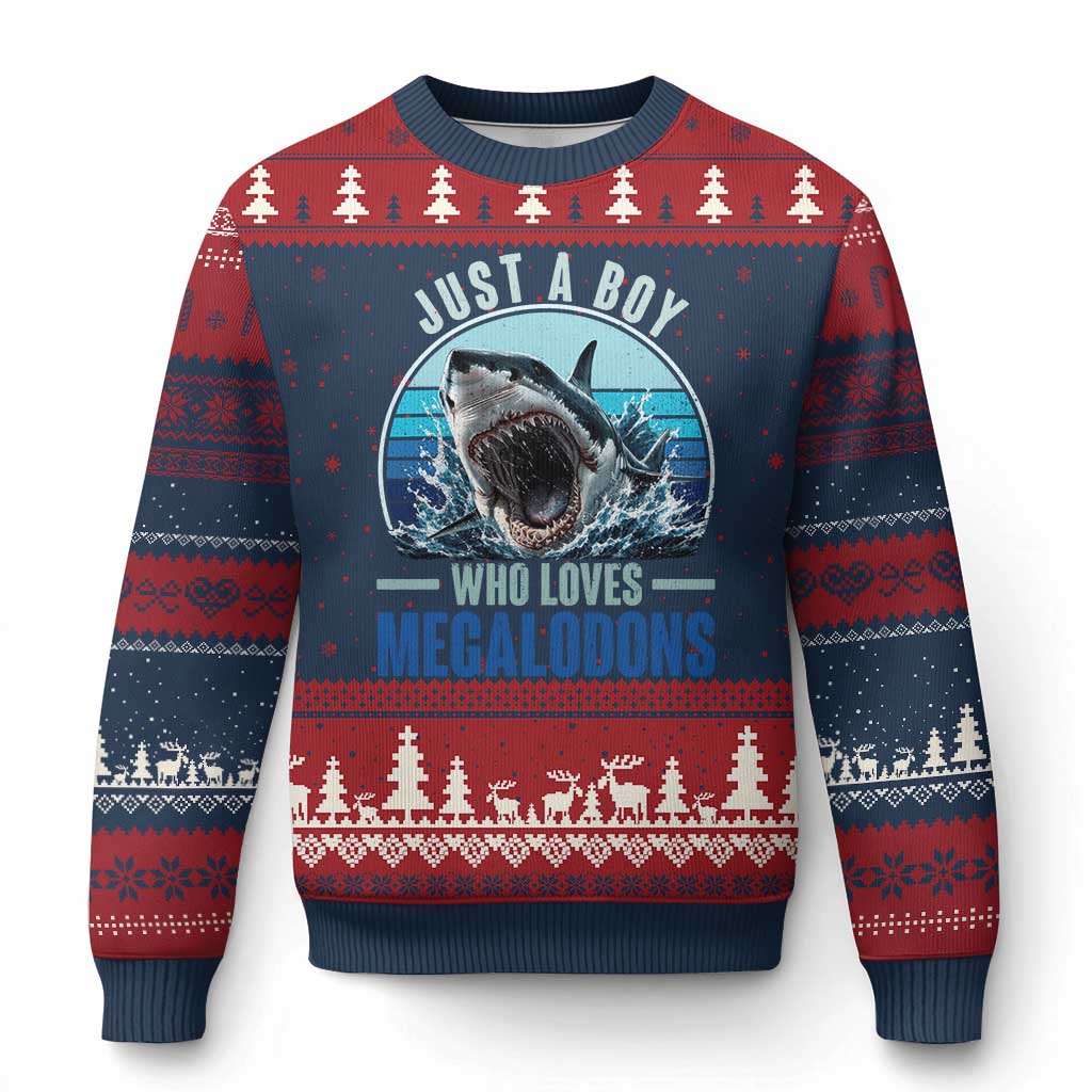 Just A Boy Who Loves Megalodons Ugly Christmas Sweater Megalodon Shark Lover Retro Graphic TS11 Navy Red Print Your Wear