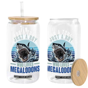 Just A Boy Who Loves Megalodons Glass Can Megalodon Shark Lover Retro Graphic