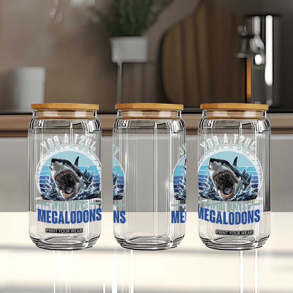 Just A Boy Who Loves Megalodons Glass Can Megalodon Shark Lover Retro Graphic
