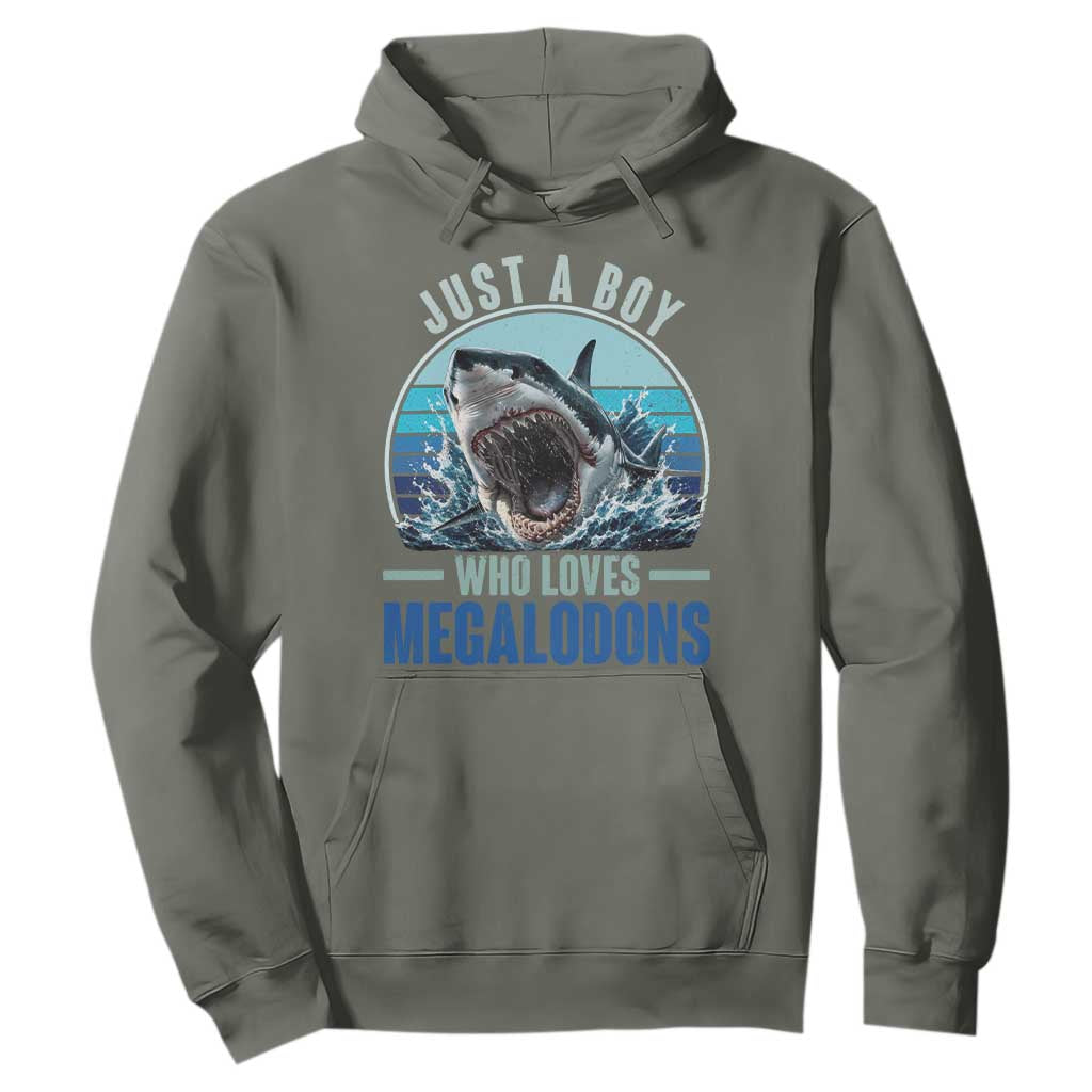 Just A Boy Who Loves Megalodons Hoodie Megalodon Shark Lover Retro Graphic