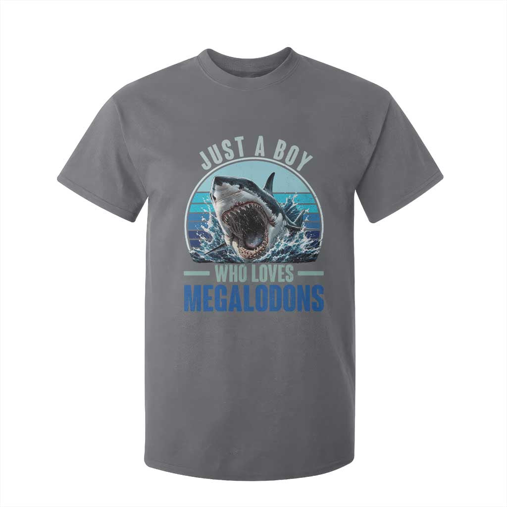 Just A Boy Who Loves Megalodons T Shirt For Kid Megalodon Shark Lover Retro Graphic