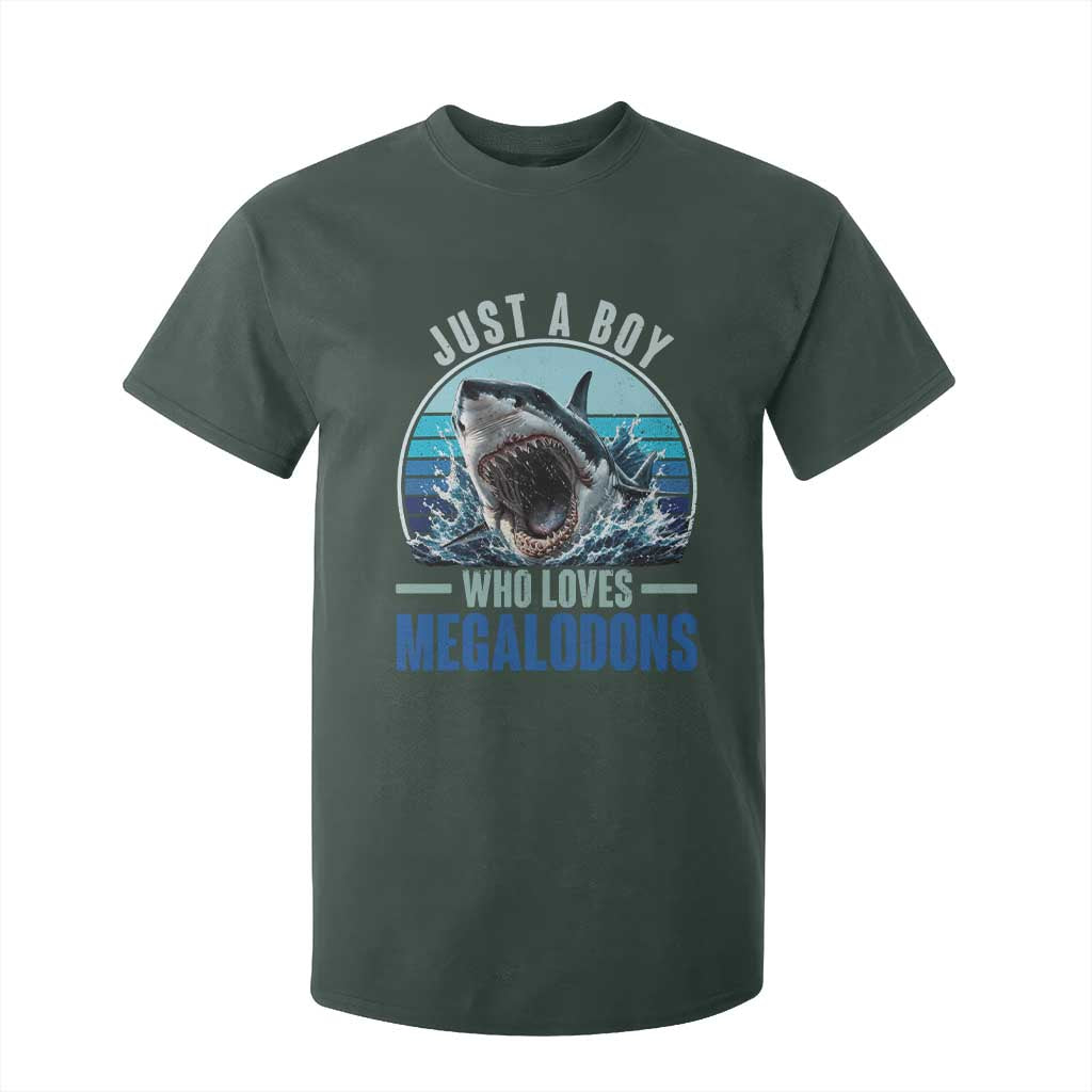 Just A Boy Who Loves Megalodons T Shirt For Kid Megalodon Shark Lover Retro Graphic