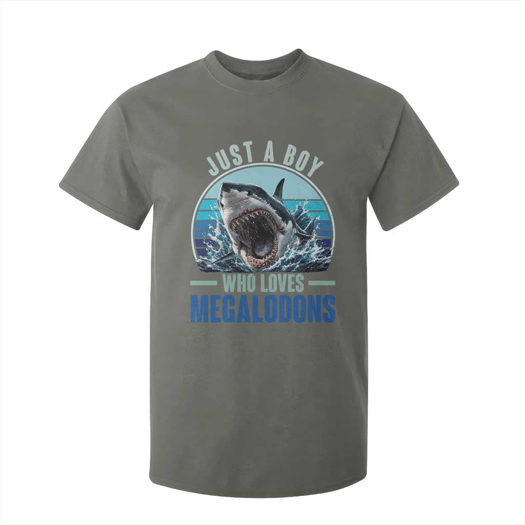 Just A Boy Who Loves Megalodons T Shirt For Kid Megalodon Shark Lover Retro Graphic
