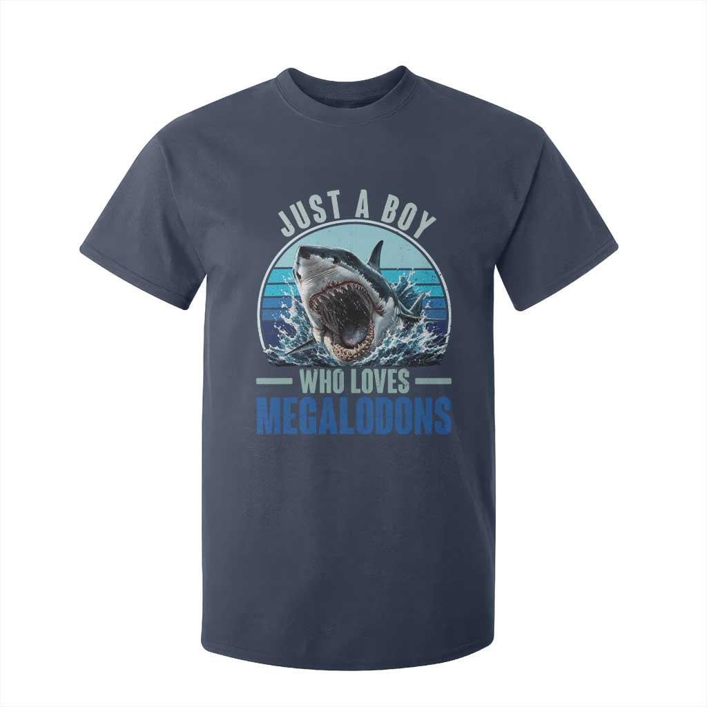 Just A Boy Who Loves Megalodons T Shirt For Kid Megalodon Shark Lover Retro Graphic