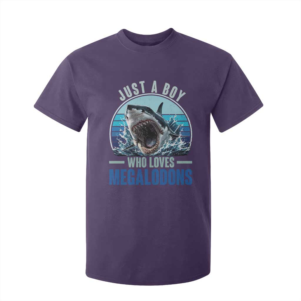 Just A Boy Who Loves Megalodons T Shirt For Kid Megalodon Shark Lover Retro Graphic