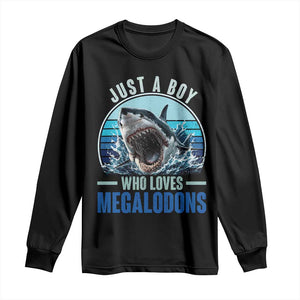 Just A Boy Who Loves Megalodons Long Sleeve Shirt Megalodon Shark Lover Retro Graphic