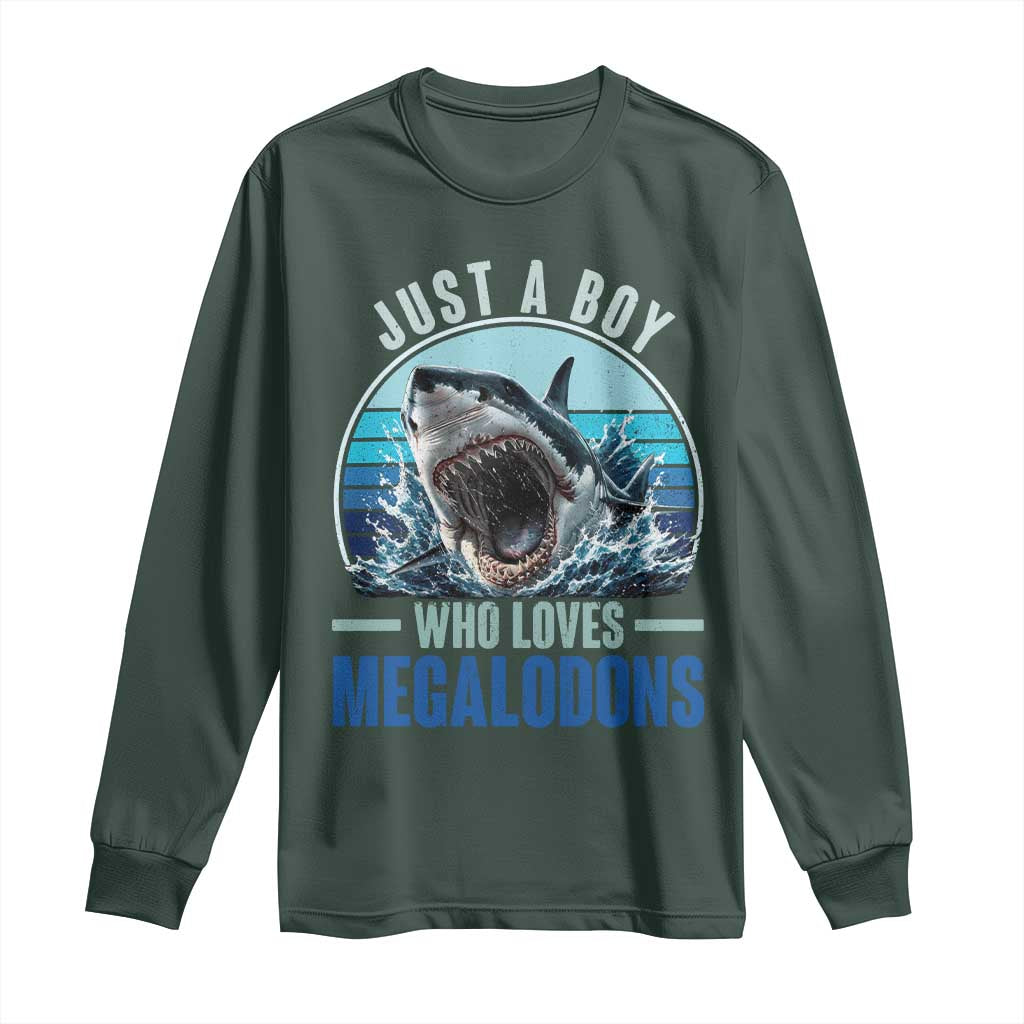 Just A Boy Who Loves Megalodons Long Sleeve Shirt Megalodon Shark Lover Retro Graphic