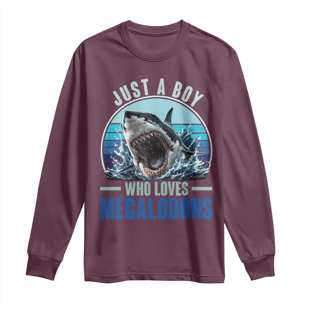 Just A Boy Who Loves Megalodons Long Sleeve Shirt Megalodon Shark Lover Retro Graphic