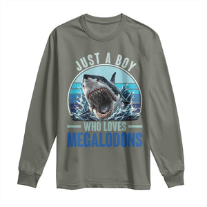 Just A Boy Who Loves Megalodons Long Sleeve Shirt Megalodon Shark Lover Retro Graphic