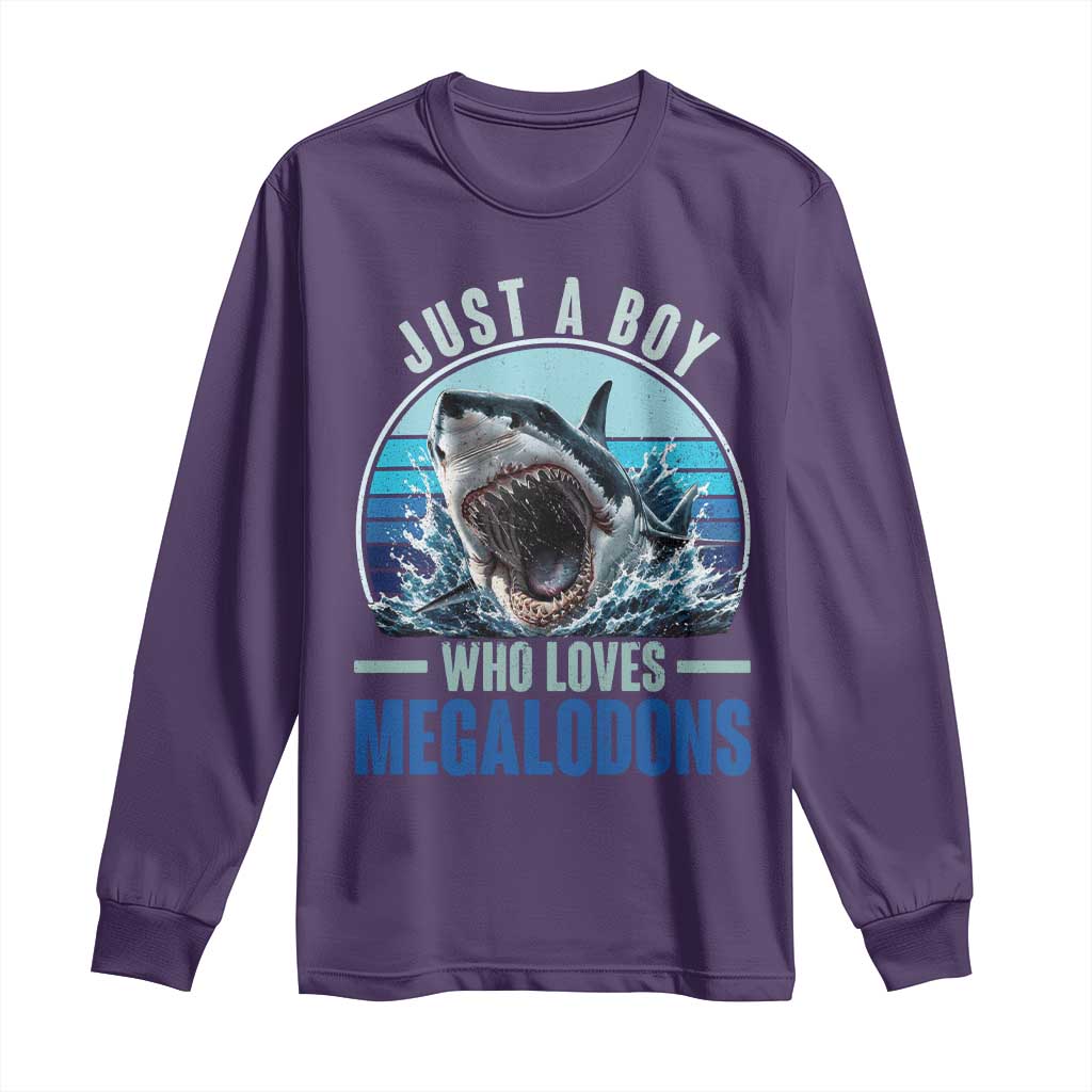 Just A Boy Who Loves Megalodons Long Sleeve Shirt Megalodon Shark Lover Retro Graphic