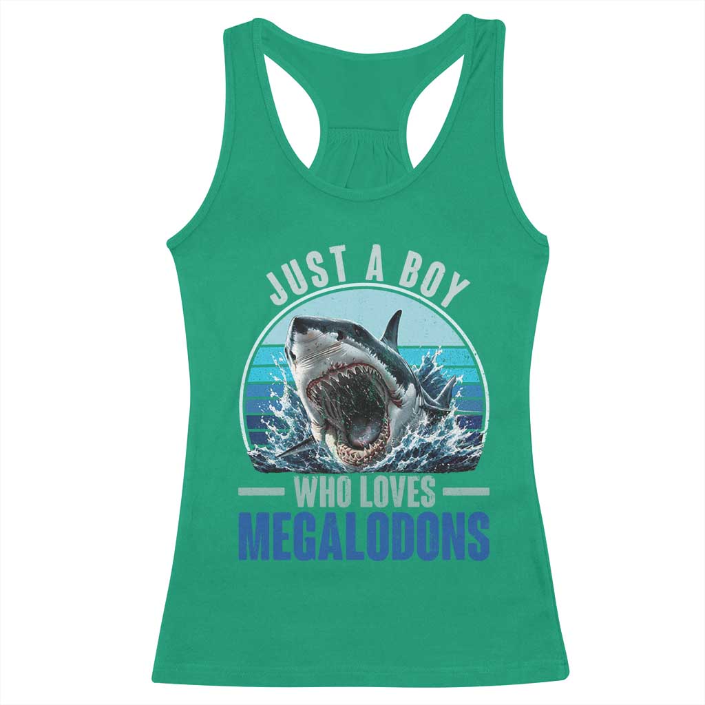 Just A Boy Who Loves Megalodons Racerback Tank Top Megalodon Shark Lover Retro Graphic