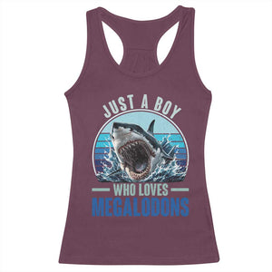 Just A Boy Who Loves Megalodons Racerback Tank Top Megalodon Shark Lover Retro Graphic