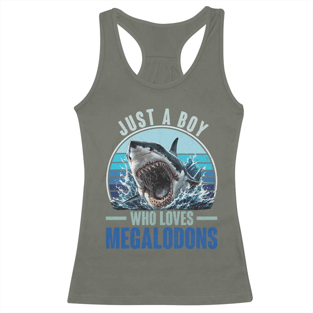 Just A Boy Who Loves Megalodons Racerback Tank Top Megalodon Shark Lover Retro Graphic