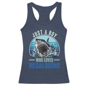 Just A Boy Who Loves Megalodons Racerback Tank Top Megalodon Shark Lover Retro Graphic
