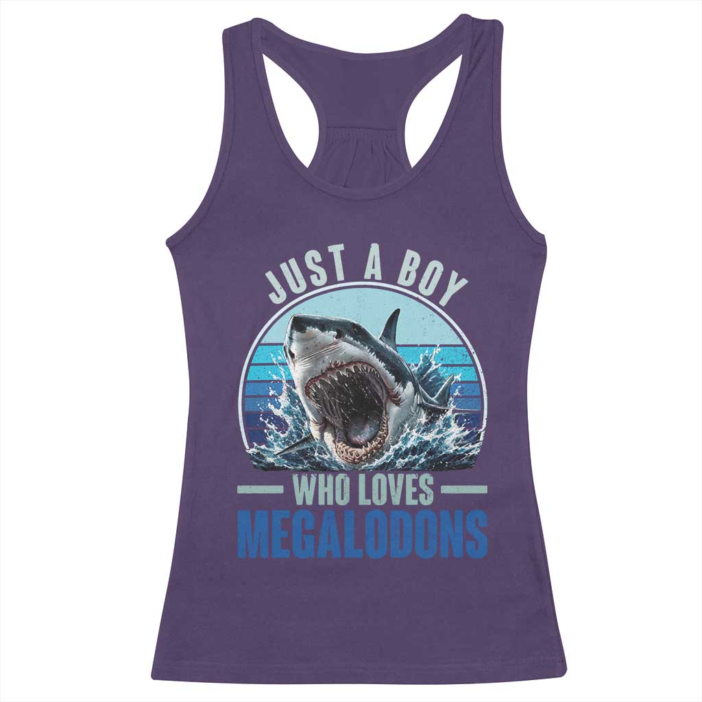 Just A Boy Who Loves Megalodons Racerback Tank Top Megalodon Shark Lover Retro Graphic