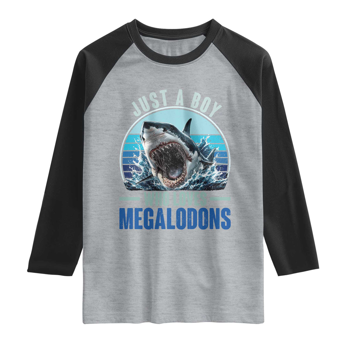 Just A Boy Who Loves Megalodons Raglan Shirt Megalodon Shark Lover Retro Graphic